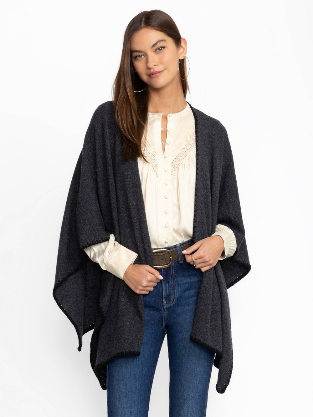 Johnny Was Whipstitch Charcoal Gray Draped Cashmere Knit Poncho Wrap $298